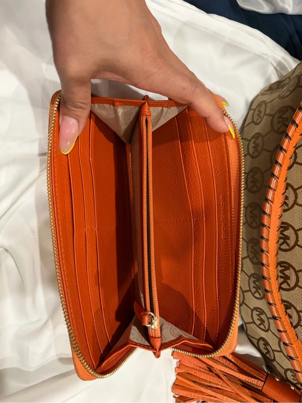 Michael Kors Orange MK Monogram Shoulder Bag with Tassel Charm